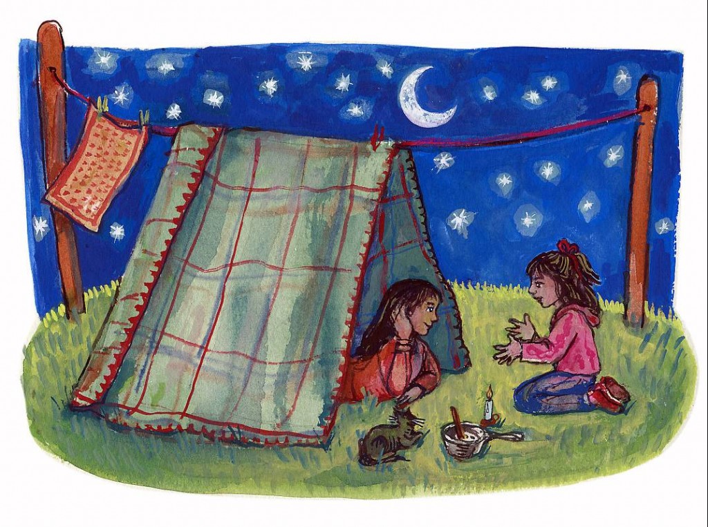 Telling stories to my sister - illustration by Sophie Herxheimer from 'Tales Told in Tents' 