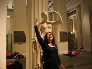 Gestures with a statue! Sally Pomme Clayton at The British Museum